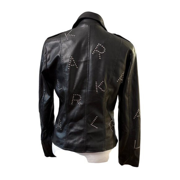 Karl Lagerfeld Paris Black Faux Leather Studded Moto Jacket Logo Detailing SizeS - Picture 3 of 16